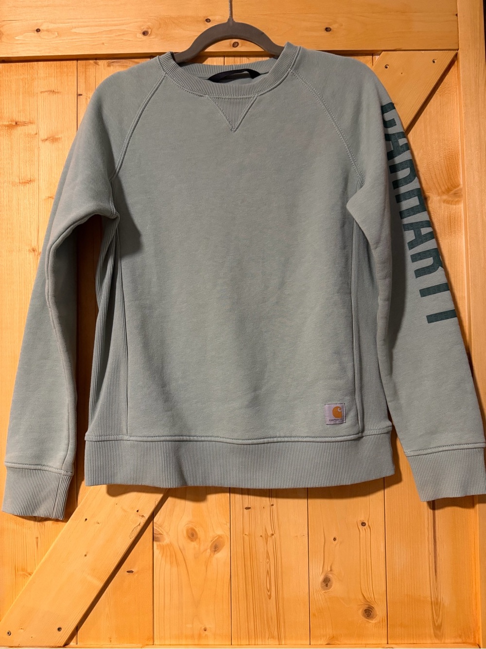 Carhartt Women's Small Sage Green Sleeve Logo Crewneck Sweatshirt Relaxed Fit